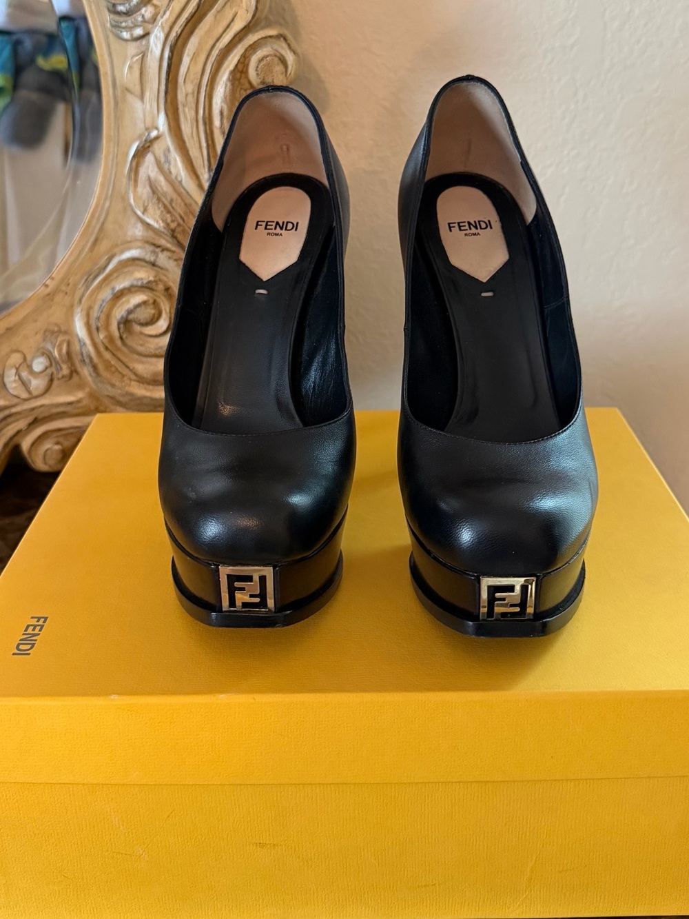 Fendi Black Leather Platform Pumps with FF Logo Plaque